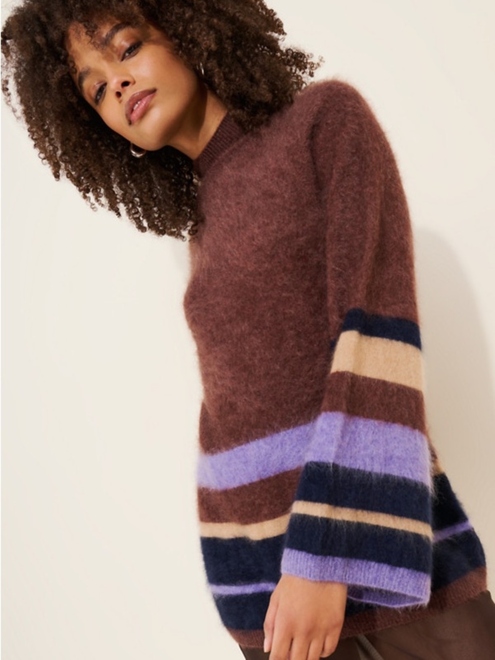 Cozy Striped Fuzzy Turtleneck Sweater in Brown and Lavender
